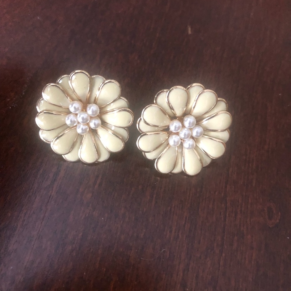 Vintage Cream Enamel Flower Pearl Cluster Stud Earrings Mid Century Inspired